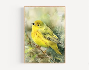 Gele grasmus aquarel print, ingelijste poster of canvas gele grasmus kunstwerk vogels kijken zangvogel vogels kijken cadeau-idee kunstmuur