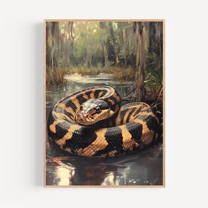 Florida Everglades Python Watercolor Print, Framed Poster or Canvas Everglade Python Snake Wall Art Reptile Swamp Decor Lover Gift