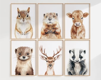 Woodland dierenkwekerij print set van 6, 4, 3, 2 of 1, ingelijste poster of canvas, bos wezen uitnodigend bos dieren kunst combinatie cadeau
