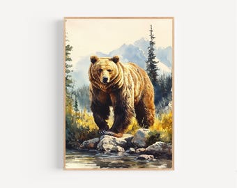 Mountain Stream Grizzly Bear Watercolor Print Framed Poster or Canvas Wildlife Nature Wall Art Rustic Lodge or Cabin Lover Gift