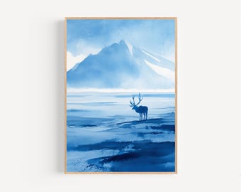 Reindeer Watercolor Print, Framed Poster or Canvas Reindeer Abstract Arctic Animal Wall Art Snowy Minimal Landscape Winter Decor