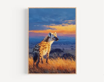 Hyena Savanna Oil Painting Print Framed Poster or Canvas Hyena African Savanna Wall Art Gift for Animal Lovers Safari Style Artwork Sunset