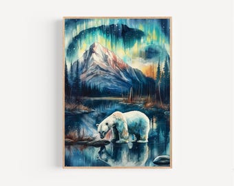 Alaskan Northern Lights Polar Bear Watercolor Print, Framed Poster or Canvas Arctic Celestial Wall Art Aurora Mountain Winter Gift