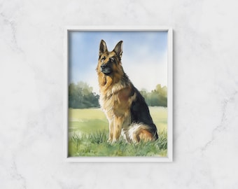 German Shepherd Watercolor Print Framed Poster or Canvas German Shepherd in Park Art Pet Owner Playful Wall Decor Print