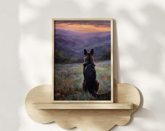 German Shepherd Watercolor Print Framed Poster or Canvas Mountain Meadow Dog Memorial Wall Art Remembrance Gift Pastel Rustic Lodge