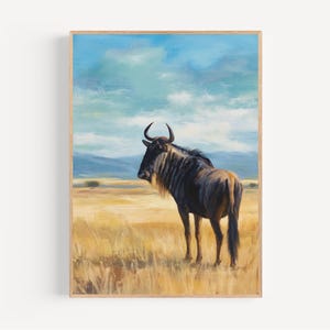 Dipinto ad acquerello raffigurante la savana degli gnu, stampa su tela o poster incorniciato, regalo per un'escursione nella savana degli gnu, opera d'arte murale raffigurante la fauna selvatica africana.