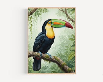 Pôster em aquarela com tucano emoldurado ou tela. Arte de tucano em galho de floresta tropical, decoração de parede, presente, pássaro tropical em tons pastel.