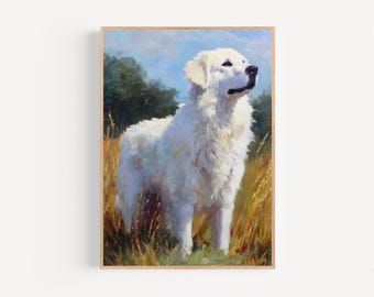 Große Pyrenäen Aquarell Druck gerahmtes Poster oder Leinwand Flauschiges Pyrenäen Weizenfeld Haustier Hund Erinnerung Wandkunst Bauernhaus