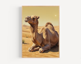 Camel Oil Painting Print Framed Poster or Canvas Camel in Golden Sahara Dunes Art Print Gift Wall Decor Resting Dromedary Camel Art Wall