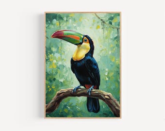 Pintura a óleo de tucano, pôster emoldurado ou tela, arte exuberante da floresta tropical com tucano, decoração de parede, presente, pássaro tropical em tons pastel, ideia de presente para sala de jogos.