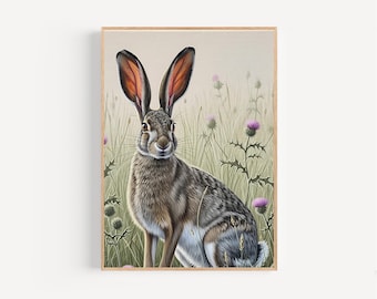 Jackrabbit olieverfschilderij print ingelijste poster of canvas jackrabbit beestje minnaar cadeau idee wilde bloemen kunst muur decor distel weide scène