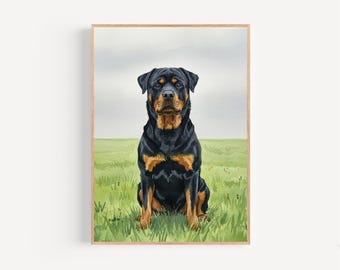 Rottweiler Watercolor Print Framed Poster or Canvas Rottweiler in Flat Wildflower Field Remembrance Pet Gift Idea Dog Wall Decor