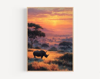 Stampa su tela o poster incorniciato con dipinto ad olio di rinoceronte al tramonto in una prateria, arte murale naturalistica con rinoceronte, orizzonte dorato, alberi, lodge rustico, regalo a tema natura.