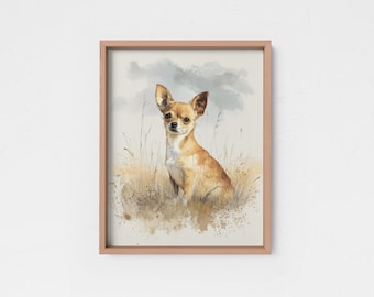 Póster enmarcado o lienzo con pintura al óleo de chihuahua, diseño de perro con un campo nublado y vívido, recuerdo artístico para un lindo chihuahua, regalo para decoración de pared.