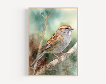 Impresión de acuarela de gorrión, póster enmarcado o lienzo. Obra de arte de gorrión. Criatura. Pájaro lindo. Pájaro cantor. Observación de aves. Idea de regalo. Arte de pared. Vívido.