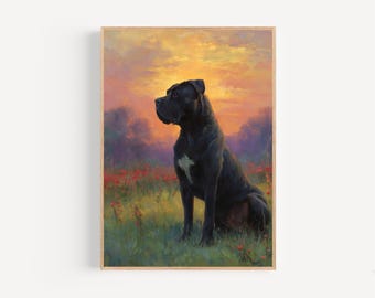 Cane Corso Oil Painting Print Framed Poster or Canvas Cane Corso in Wildflower Meadow Sunset Art Bold Dog Wall Print Cute Pet Gift Idea