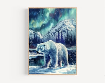 Alaskan Northern Lights Polar Bear Watercolor Print, Framed Poster or Canvas Arctic Celestial Wall Art Aurora Mountain Snowy Tundra