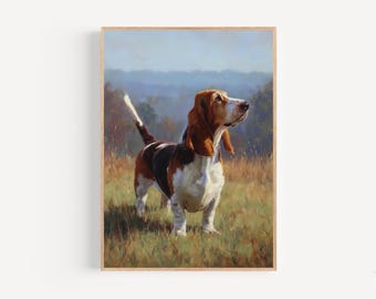 Basset hound oljemålning inramad affisch eller canvas Basset hound i vildblommande fält väggkonst presentidé dekoration husdjur hund minnestryck