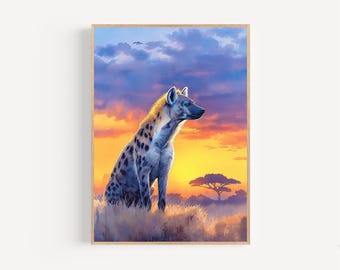 Póster o lienzo enmarcado con impresión de acuarela de hiena de sabana africana, idea de regalo para amantes de los animales, estilo safari