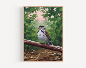 White Throated Sparrow Oil Painting Print Framed Poster or Canvas Little Sparrow Wall Art Gift