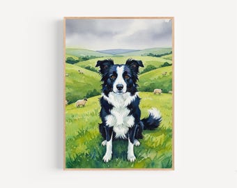 Border Collie Watercolor Print Framed Poster or Canvas Border Collie Pet Pasture Wall Art