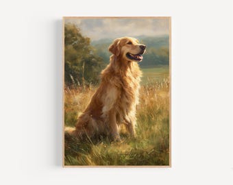 Lámina enmarcada o lienzo con acuarela de Golden Retriever. Arte de pradera con Golden Retriever. Regalo conmemorativo para dueños de mascotas. Decoración de pared para recordar a su perro.