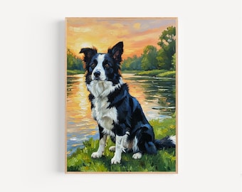 Border Collie Oil Painting Print Framed Poster or Canvas Border Collie Riverside Sunset Wall Art Decor Pet Dog Print Pet Lover Gift Idea