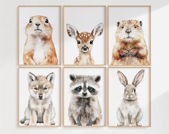 Bosdieren kinderkamer print set van 6, 4, 3, 2 of 1, ingelijste poster of canvas, babykamer dieren kunst aan de muur voor kinderkamer bos wezen