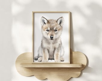 Aquarel wolf kwekerij print, bosrijke kwekerij decor, dieren kwekerij muur kunst cadeau, wolf pup kinderkamer kunst, babyshower cadeau, ingelijste kunst