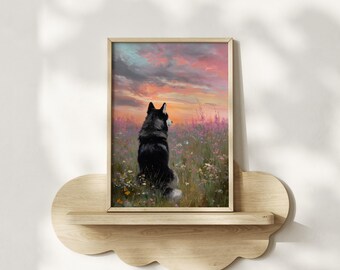 Alaskan Malamute auf der Wiese Ölgemälde Druck, gerahmtes Poster oder Leinwand Hund Erinnerung Wand Kunst Erinnerung Geschenk Pastell Himmel Blumen Cottagecore