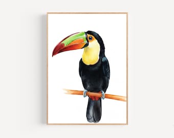 Pôster ou tela em aquarela com tucano, estilo simples, arte exótica de tucano, decoração de parede, presente, pássaro tropical fofo em tons pastel.