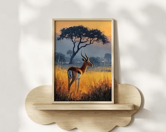 Gazelle Sunset Oil Painting Print Framed Poster or Canvas African Gazelle Savanna Wildlife Wall Art Gift Golden Grassland Antelope Decor