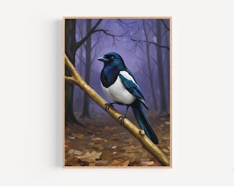 Pie, peinture à l'huile, impression, affiche encadrée ou toile, Pie au crépuscule, art mural boisé, impression d'oiseau, idée cadeau, déco Halloween, ambiance portrait