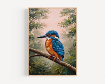 カワセミのオリジナル水彩画、鳥類学の壁画、池や森の美しい色鮮やかな
