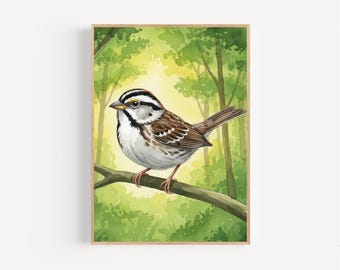 White Throated Sparrow Watercolor Print Framed Poster or Canvas Little Sunlit Sparrow Birdwatcher Gift Idea Songbird Wall Decor