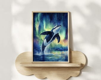 Northern Light Orca Watercolor Print, Framed Poster or Canvas Whale Nursery Art Print Decor Wall Ocean Mammal Nursery Room, Northwest Vibe