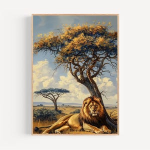 Savanna Lion Watercolor Print, Framed Poster or Canvas African Safari Wildlife Wall Art Big Cat Landscape Nursery Acacia Tree Nature Gift