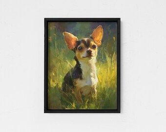 Chihuahua Oil Painting Print Framed Poster or Canvas Dog Sunlit Meadow Memorial Art Remembrance for Cute Chihuahua Gift Wall Decor