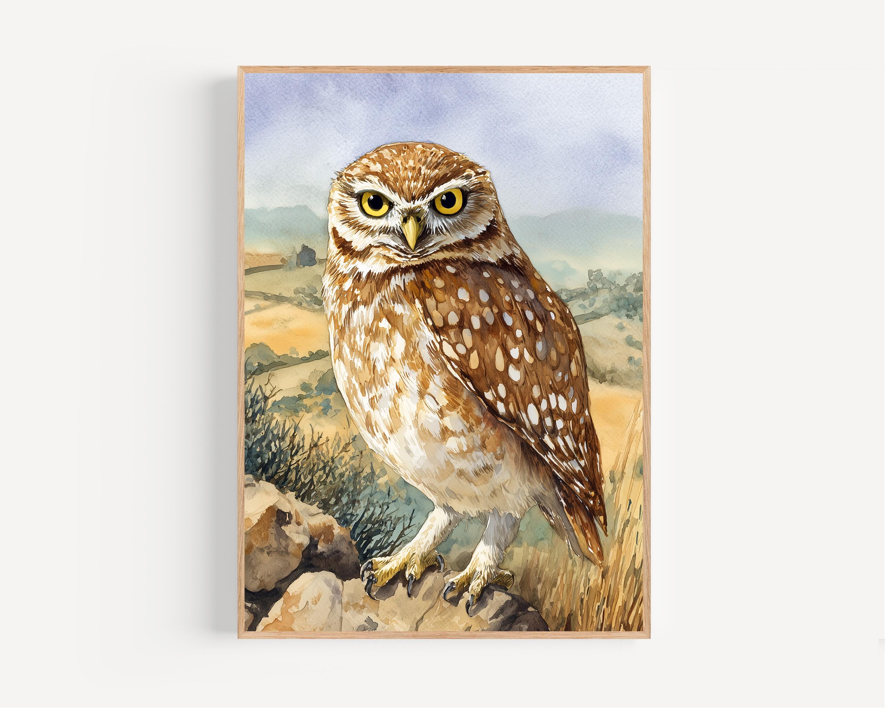 Little Owl Watercolor Painting Print Framed Poster or Canvas Realistic Little Owl Country Prairie Wa