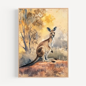 Outback Kangaroo Watercolor Print, Framed Poster or Canvas Australian Animal Wall Art Nursery Decor Wildlife Painting Nature Lover Gift