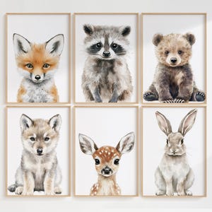森の動物の水彩画プリントセット 6枚、4枚、3枚、2枚、または1枚、額入りポスターまたはキャンバス、保育園の壁アート、リビングルームの装飾、森の生き物