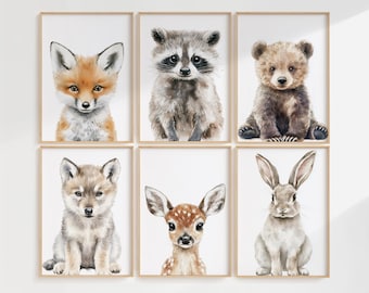 Set di stampe ad acquerello di animali del bosco da 6, 4, 3, 2 o 1, poster incorniciato o tela, arte murale per la cameretta dei bambini, decorazioni per il soggiorno, creature del bosco