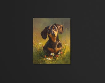 Teckel olieverfschilderij print ingelijste poster of canvas teckel in weide bloemen kunst cadeau huisdier eigenaar Cottagecore Memorial Wall Decor Print