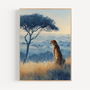 African Cheetah Watercolor Print Framed Poster or Canvas Wildlife Wall Art Golden Grass Acacia Tree Rustic Lodge Safari Nature Gift