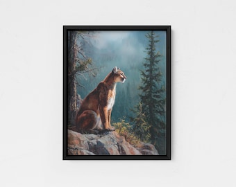 Cougar Ölgemälde Druck gerahmtes Poster oder Leinwand National Park Cougar Mountain Pine Tree Art Western Wand Dekor Bigcat Liebhaber Geschenkidee