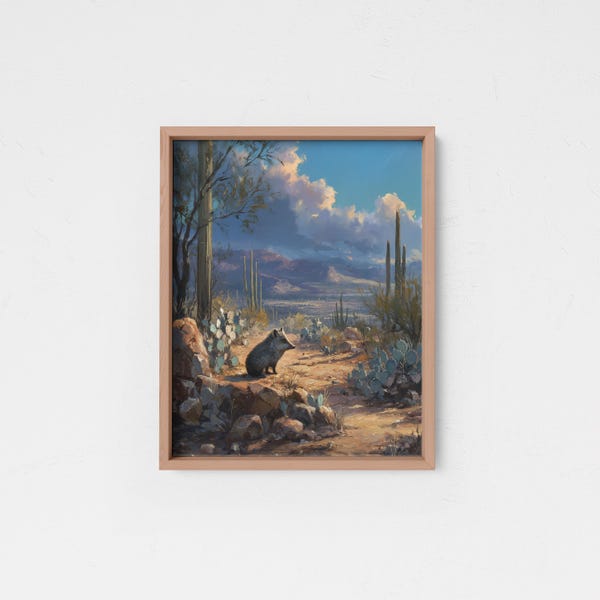 Javelina Oil Painting Print Framed Poster or Canvas Javelina in Sonoran Desert Rustic Wildlife Decor Wall Art Gift Idea