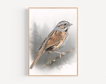 Póster o lienzo enmarcado con estampado de acuarela de gorrión, canción de invierno, arte del bosque, decoración de pared de aves, idea de regalo para observar aves