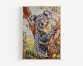 Koala Watercolor Print, Framed Poster or Canvas Eucalyptus Forest Australian Koala Wall Art Cute Creature Animal Decor Gift Idea