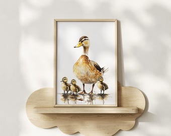 Mama Duck and Ducklings Nursery Print – Available Framed or on Canvas, Watercolor Puddle Scene Wall Art Print, Farm Animal Nursery Decor