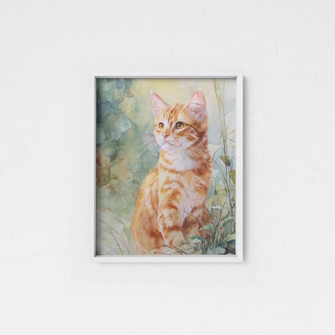 Tabby Cat Watercolor Print Framed Poster or Canvas Ginger Cat Garden ...